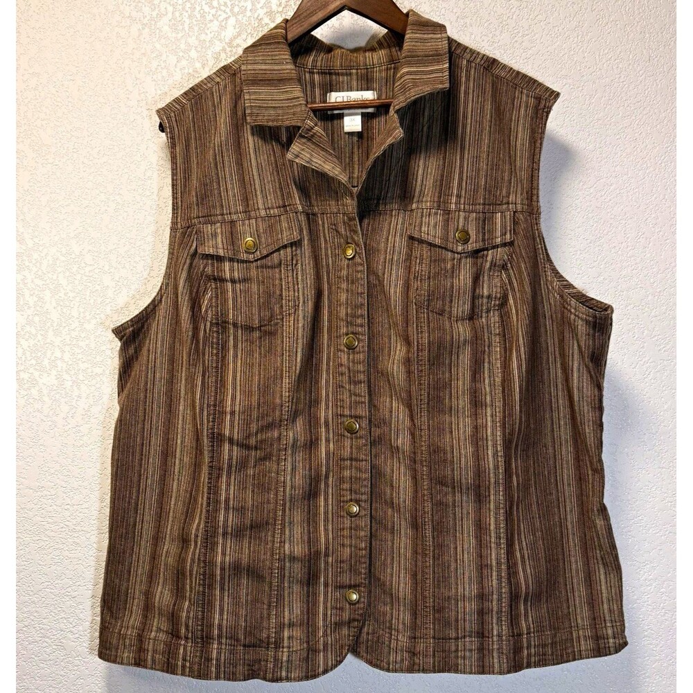 CJ Banks Women's 3X Brown Striped Sleeveless Button Front Utility Shirt